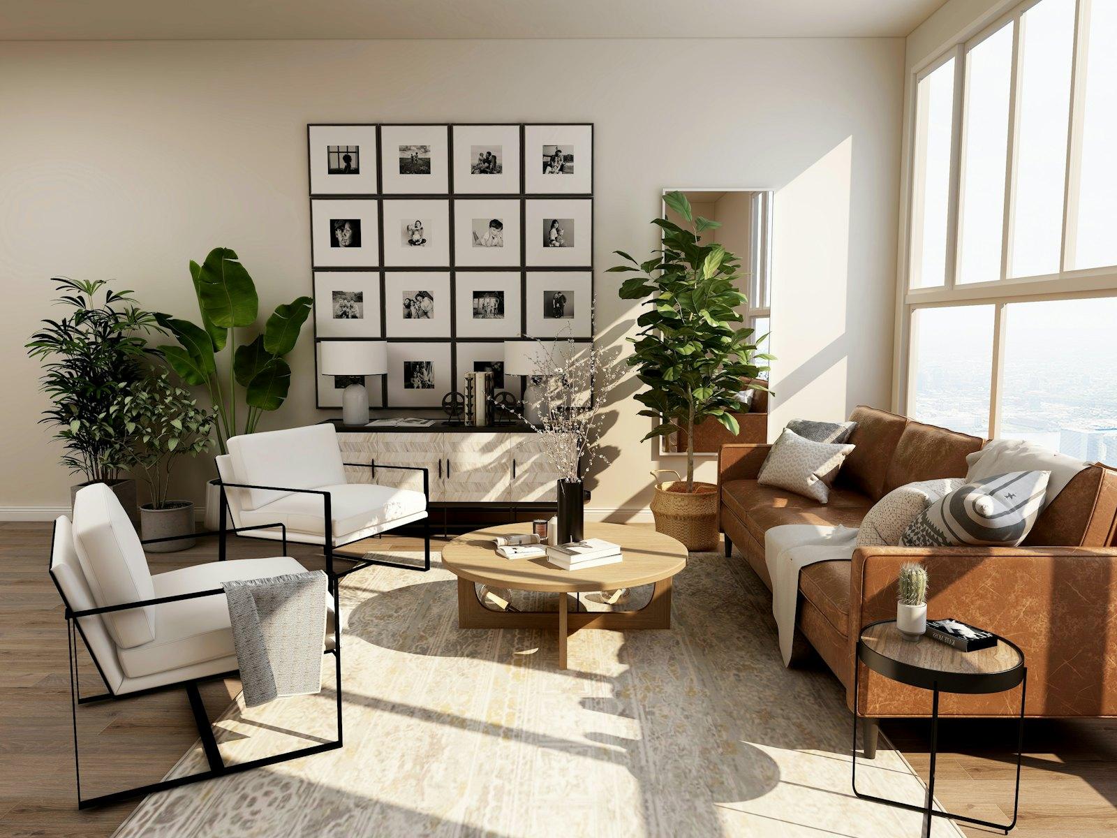 A sunlit living room with warm wood and linen